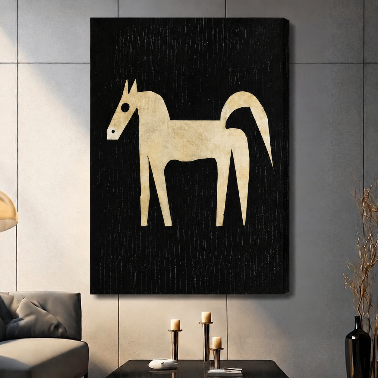 Cream horse silhouette on black textured canvas wrap art hanging in a contemporary dark-toned living room