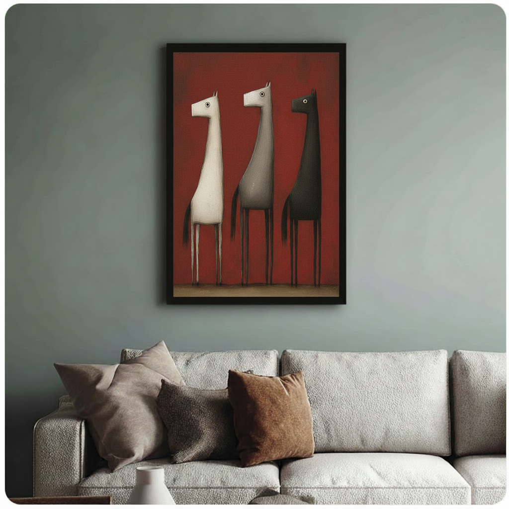 Black framed art print of three elongated abstract horses on crimson red background, hung above a neutral linen sofa against a sage green wall