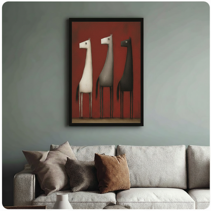 Black framed art print of three elongated abstract horses on crimson red background, hung above a neutral linen sofa against a sage green wall