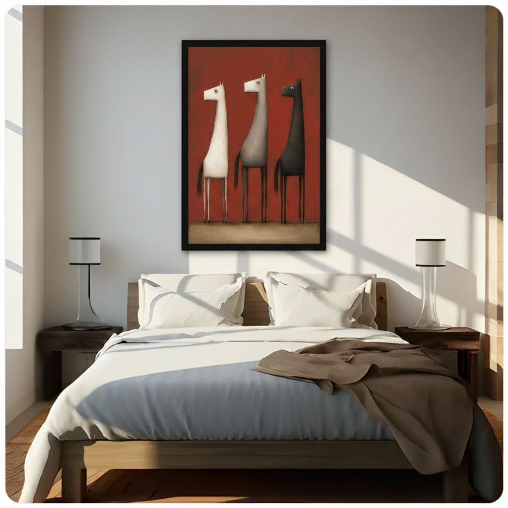 Framed abstract horse trio wall art print in black, white and grey on a red background, hung above a wooden bed in a sunlit minimalist bedroom