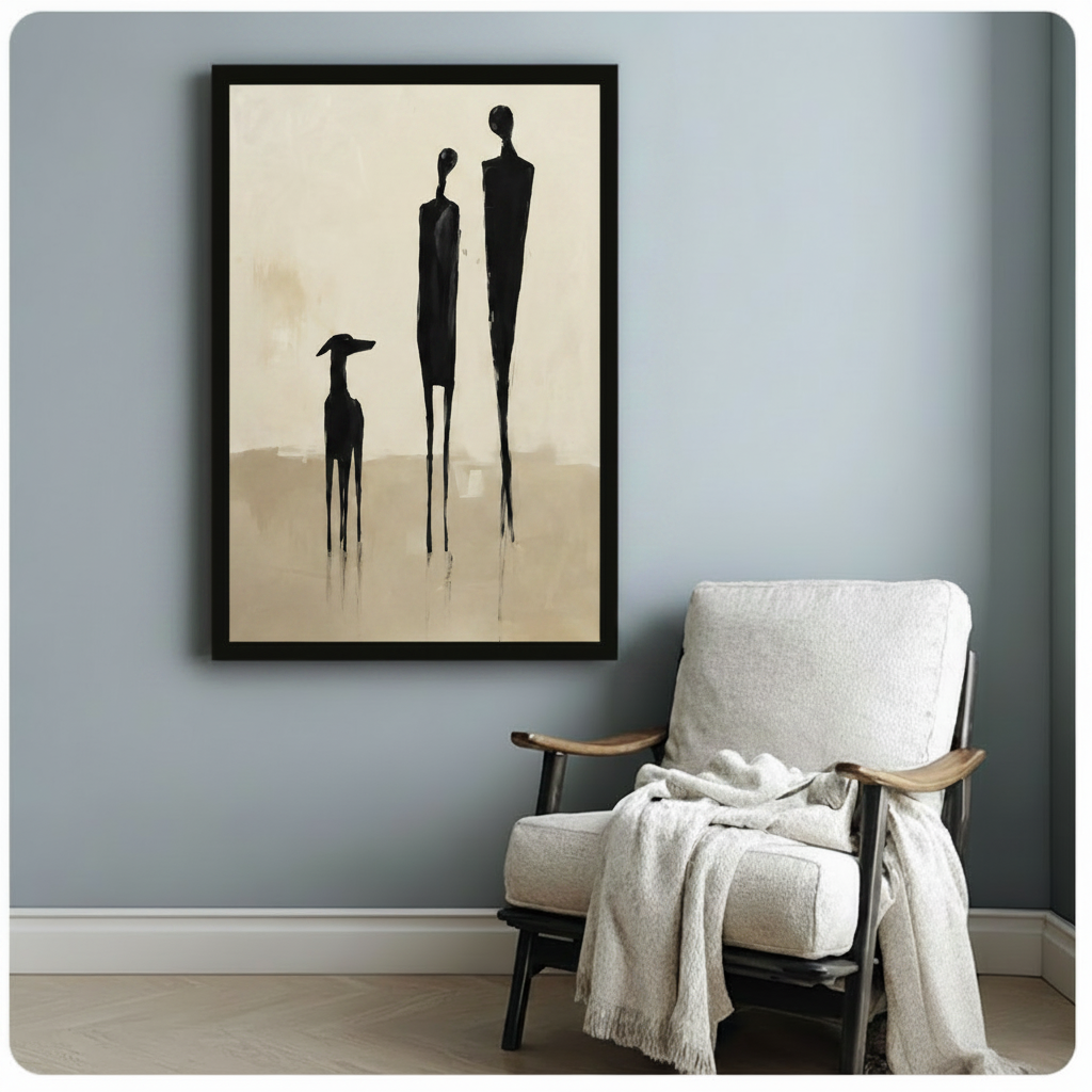 Minimalist couple and greyhound abstract canvas art in black frame, hung on blue-grey wall beside white linen armchair in Scandinavian-style room