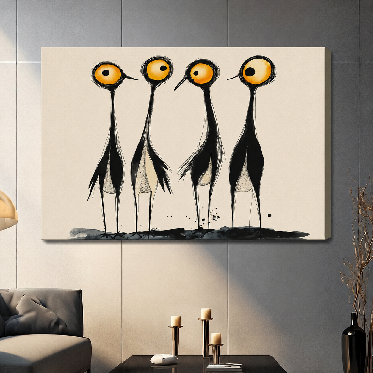 Whimsical abstract ink painting of four long-legged birds with oversized yellow eyes on gallery wrap canvas, displayed in contemporary living room