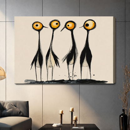 Whimsical abstract ink painting of four long-legged birds with oversized yellow eyes on gallery wrap canvas, displayed in contemporary living room
