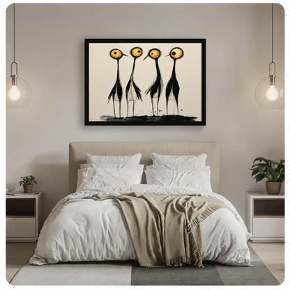 Four surreal long-legged birds with yellow eyes abstract ink painting in black frame above neutral linen bed with pendant lights, Japandi bedroom wall art