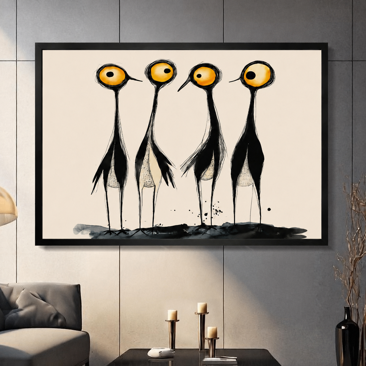 Four abstract ink-style birds with bold yellow eyes standing in a row, black framed print hung on dark grey panel wall above console in modern living room
