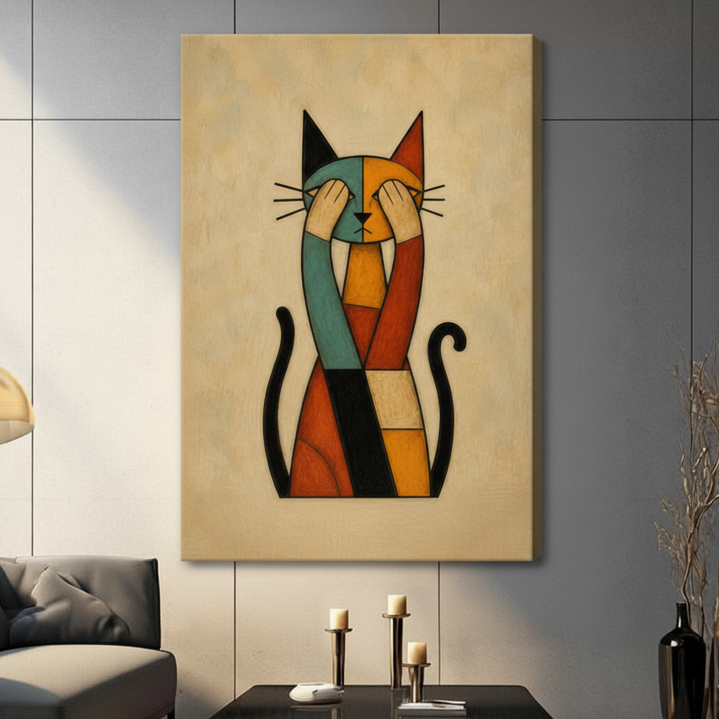 Stretched canvas of abstract patchwork cat illustration in warm earth tones — bold mid-century modern wall art for contemporary living room