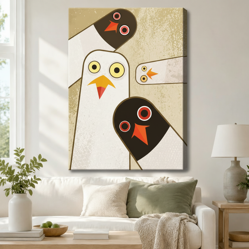 Mid-century modern abstract pigeon family canvas wall art hung above a white sofa, geometric white and dark bird trio with warm gold background for living room decor