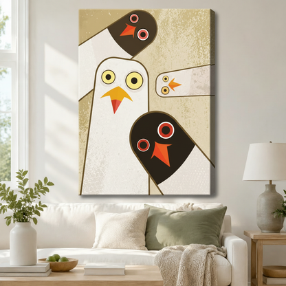 Mid-century modern abstract pigeon family canvas wall art hung above a white sofa, geometric white and dark bird trio with warm gold background for living room decor