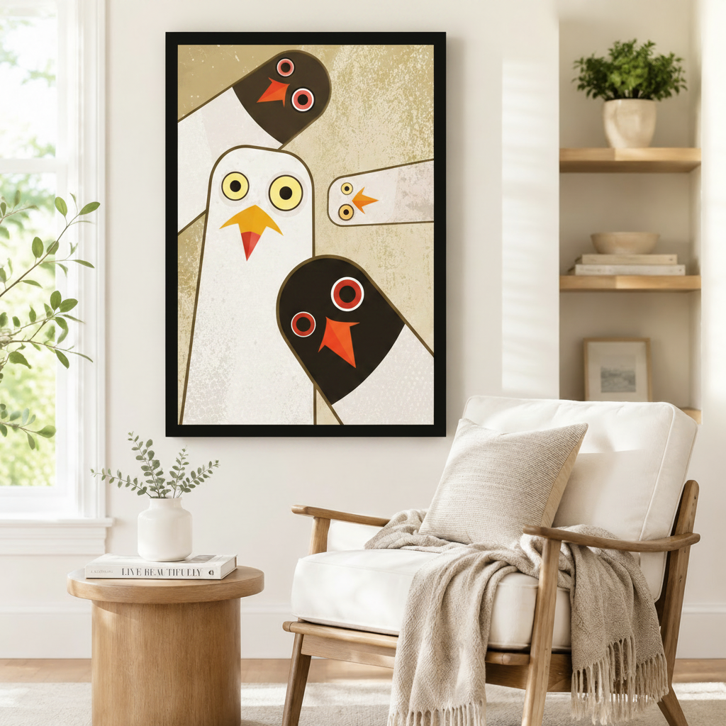 Geometric abstract pigeon family framed poster beside a Scandinavian armchair, bold mid-century modern bird wall art with gold cream background and red orange accents