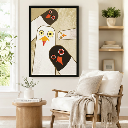 Geometric abstract pigeon family framed poster beside a Scandinavian armchair, bold mid-century modern bird wall art with gold cream background and red orange accents