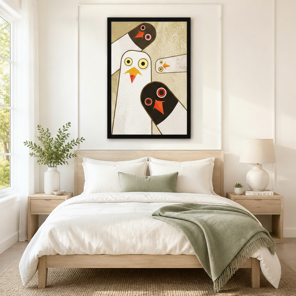 Abstract geometric pigeon family framed wall art above a neutral Scandinavian bedroom bed, mid-century modern bird trio print as statement bedroom wall decor