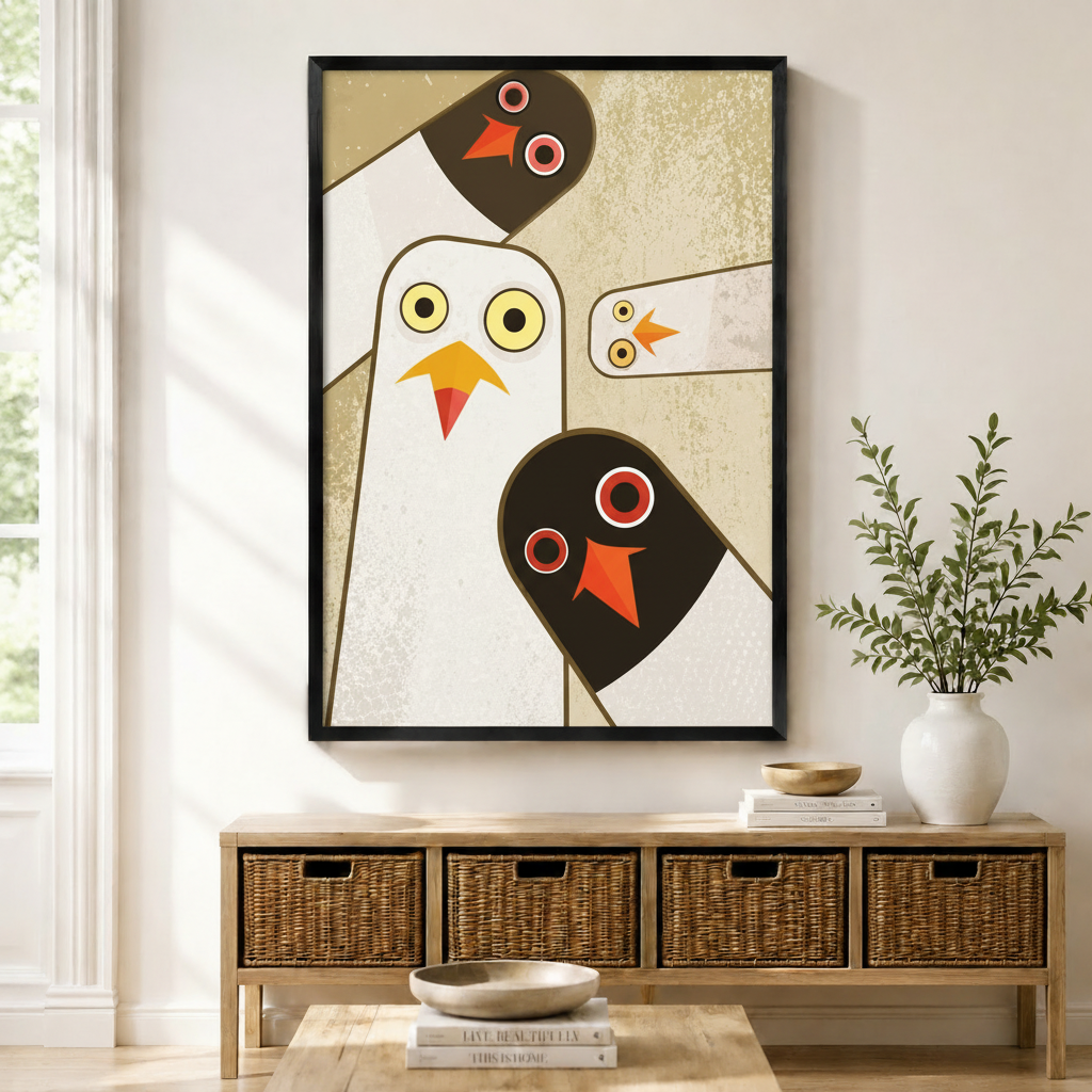 Abstract geometric pigeon family framed wall art above a wicker basket sideboard, mid-century modern white and dark bird illustration with gold textured background