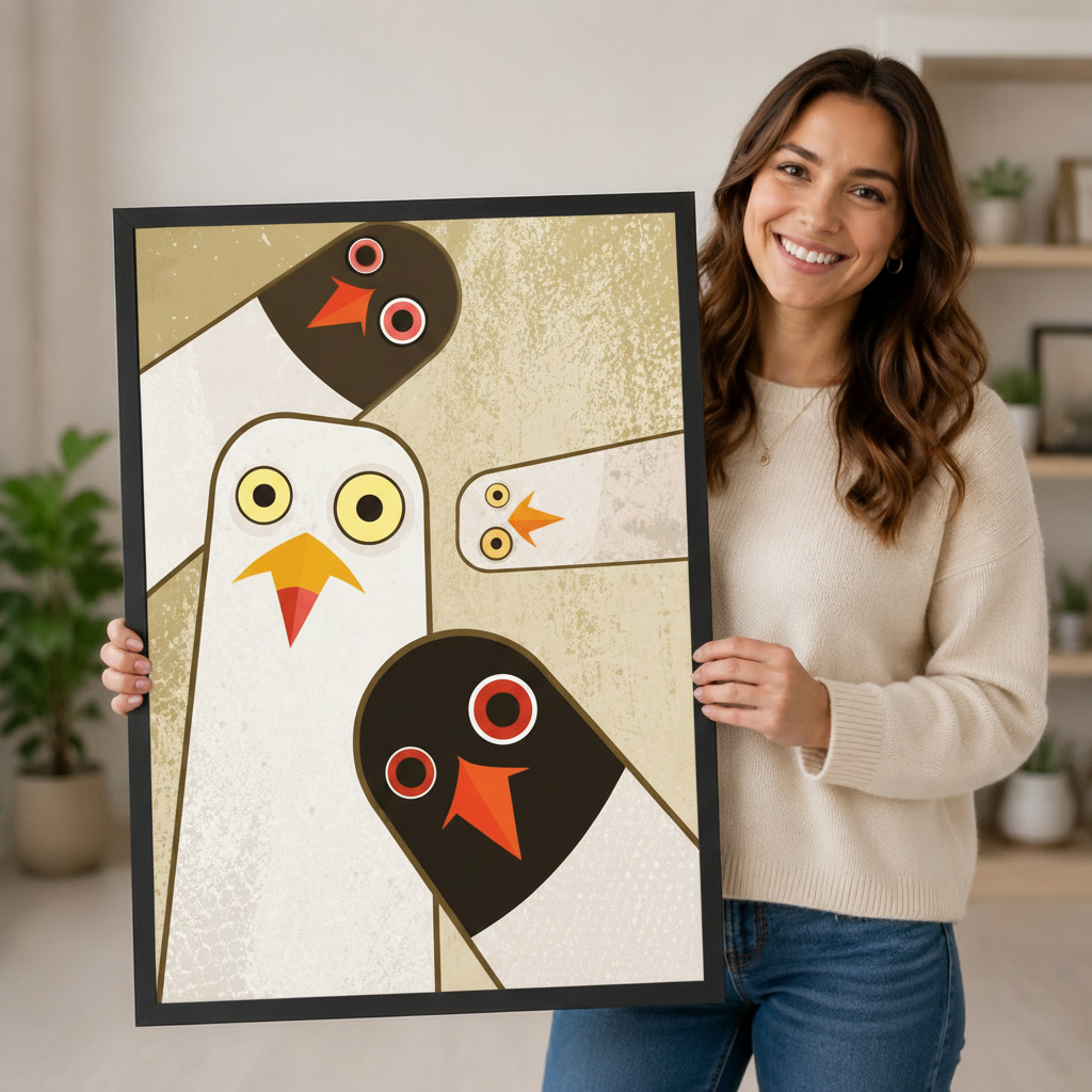 Woman holding large abstract geometric pigeon family art print showing size reference, mid-century modern white and dark bird illustration with gold textured background