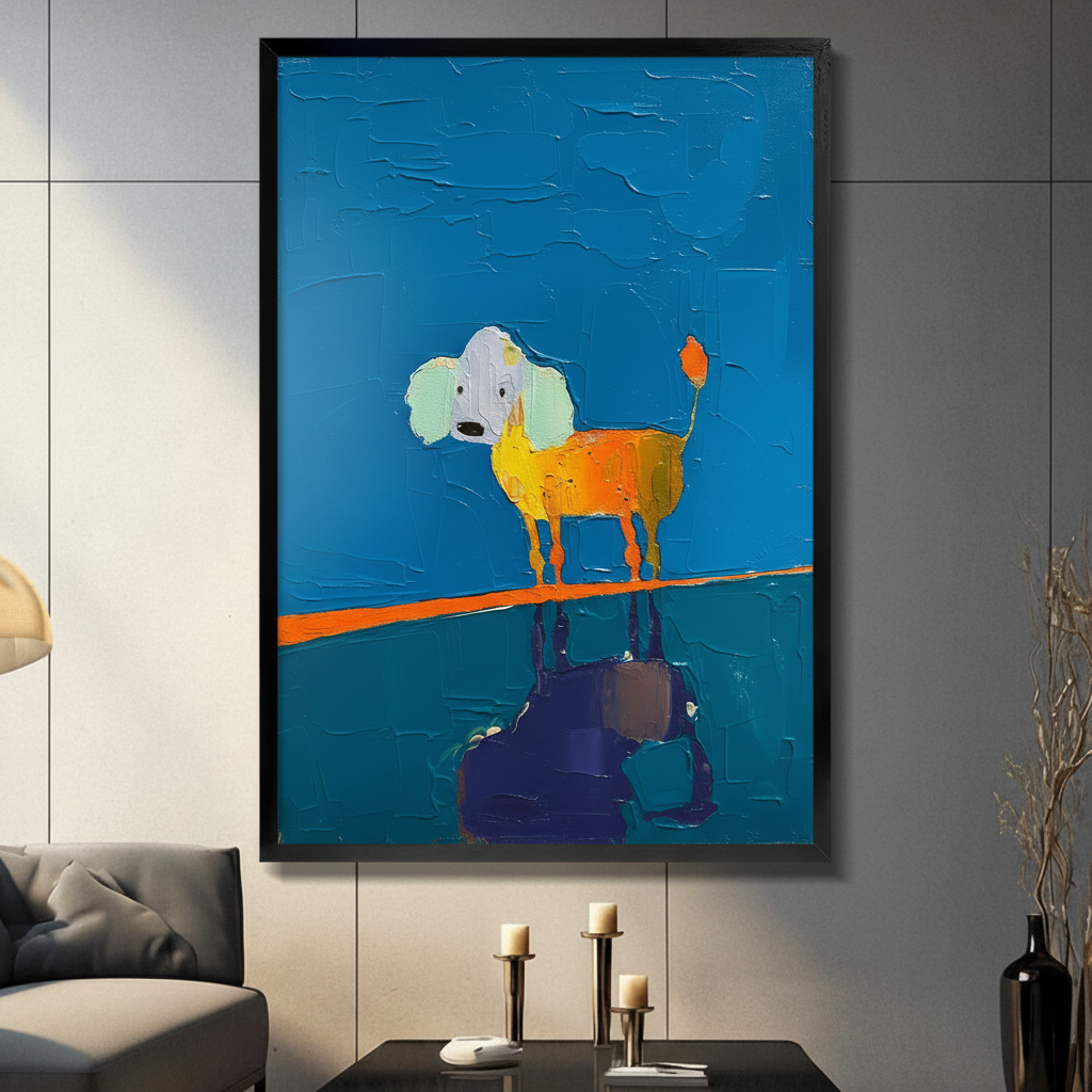 Framed abstract oil painting wall art of a whimsical orange poodle standing on an orange line with a dark reflection below, on a bold blue textured background, displayed in a modern dark grey living room