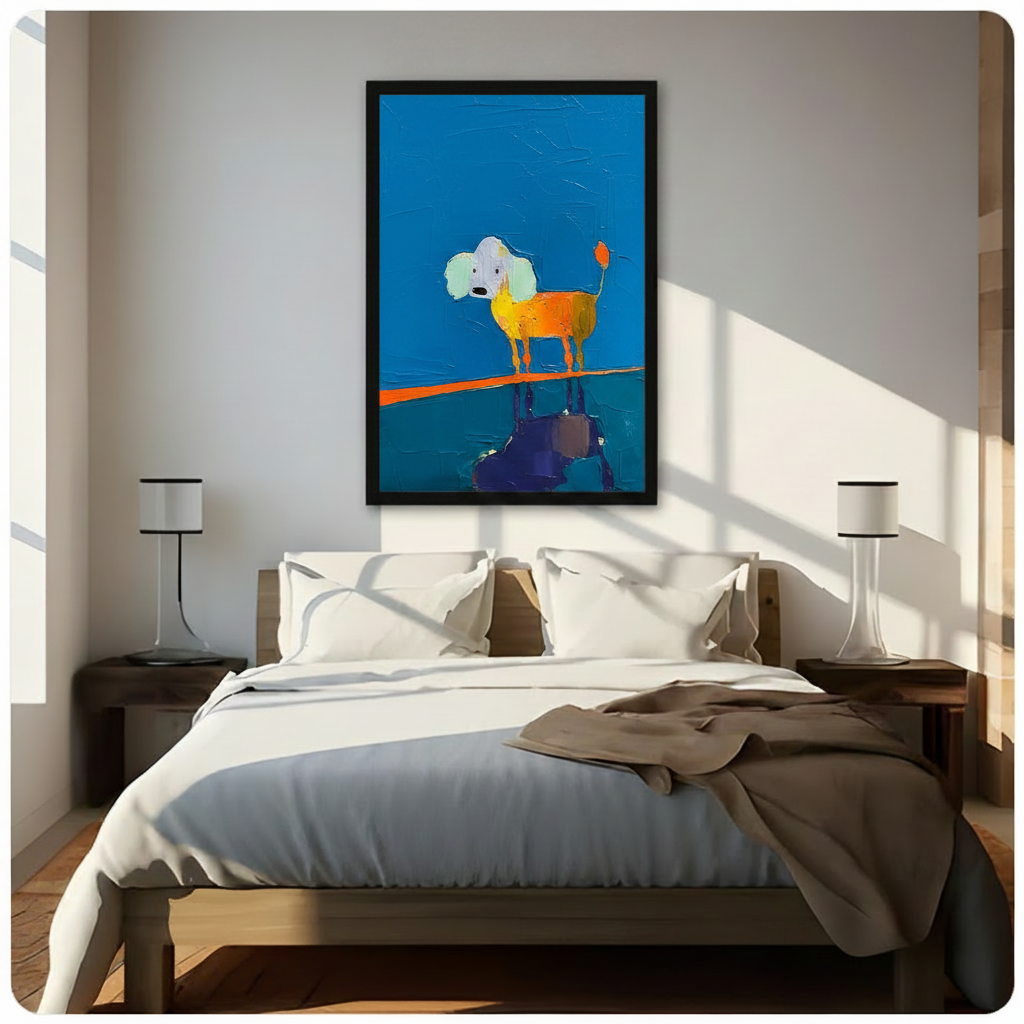 Framed whimsical abstract poodle wall art in bold orange and blue with a dark reflection motif, hung above a wooden bed in a bright sunlit minimalist bedroom