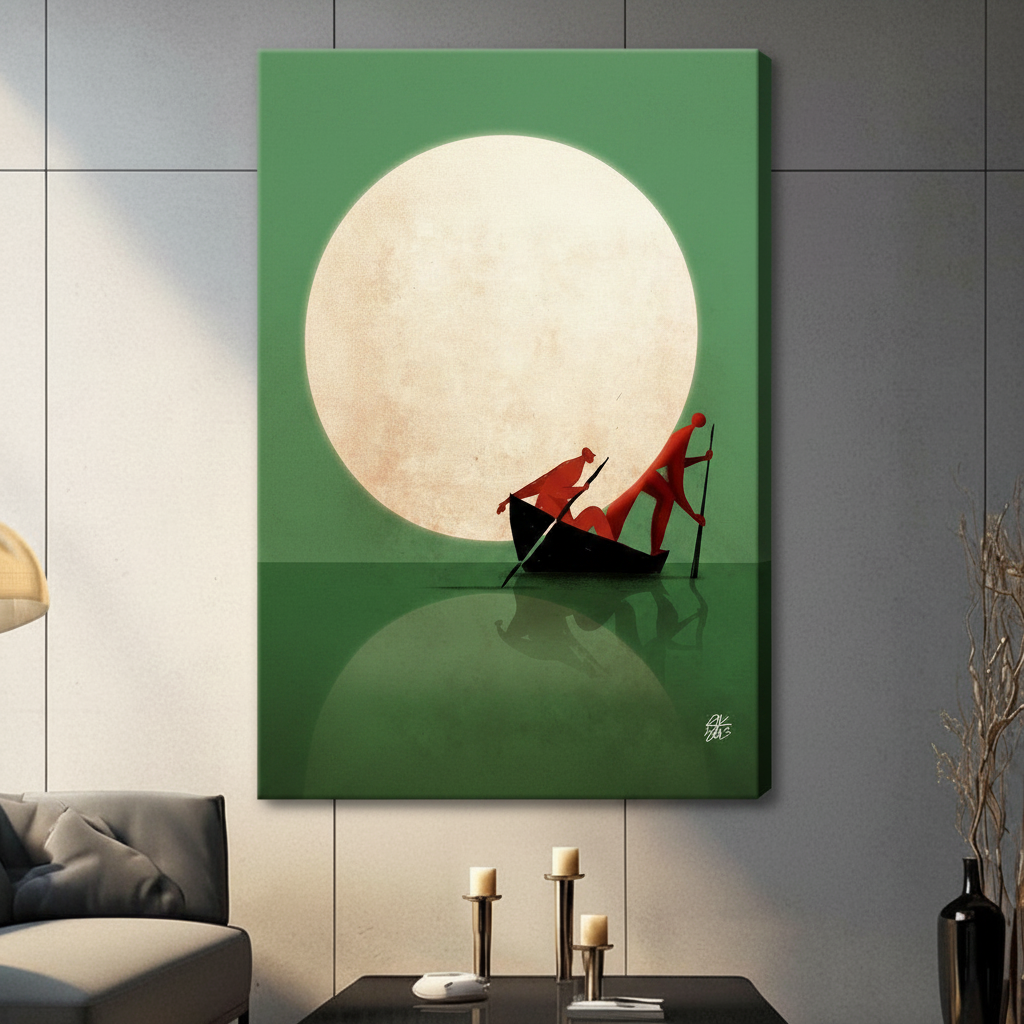 Unframed canvas print featuring two red silhouette figures in a black boat on a green reflective water surface under a glowing full moon, hung in a contemporary grey living room