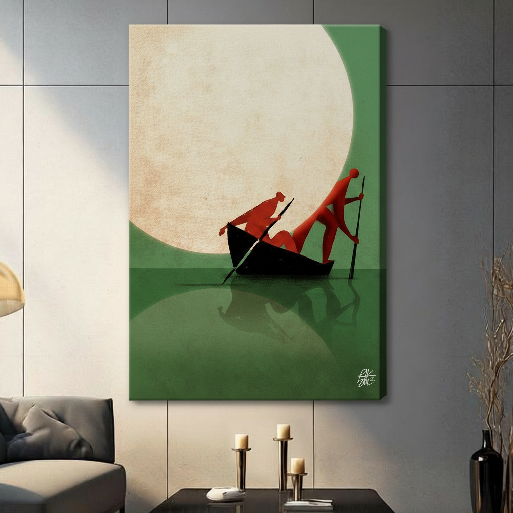 Unframed canvas print featuring two red silhouette figures in a black boat on a green reflective water surface under a glowing full moon, hung in a contemporary grey living room
