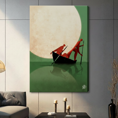 Unframed canvas print featuring two red silhouette figures in a black boat on a green reflective water surface under a glowing full moon, hung in a contemporary grey living room