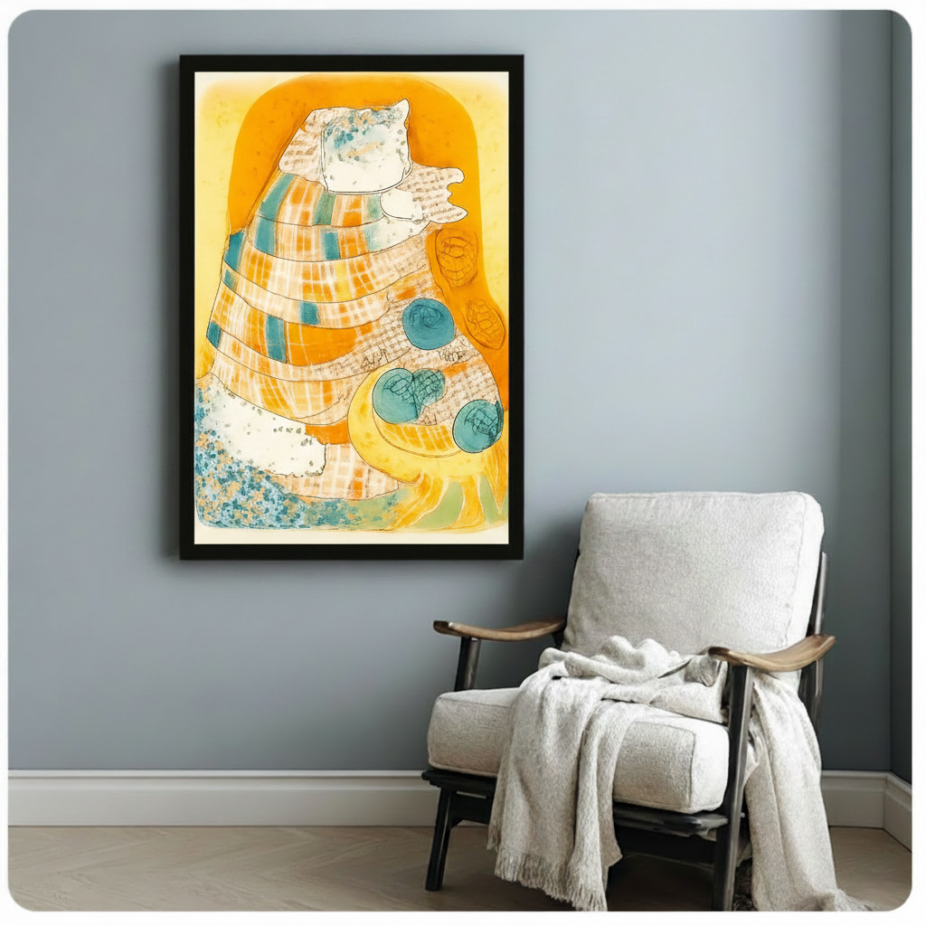 Black framed abstract seashell art print with orange and teal mixed-media details, styled on blue-gray wall beside linen armchair