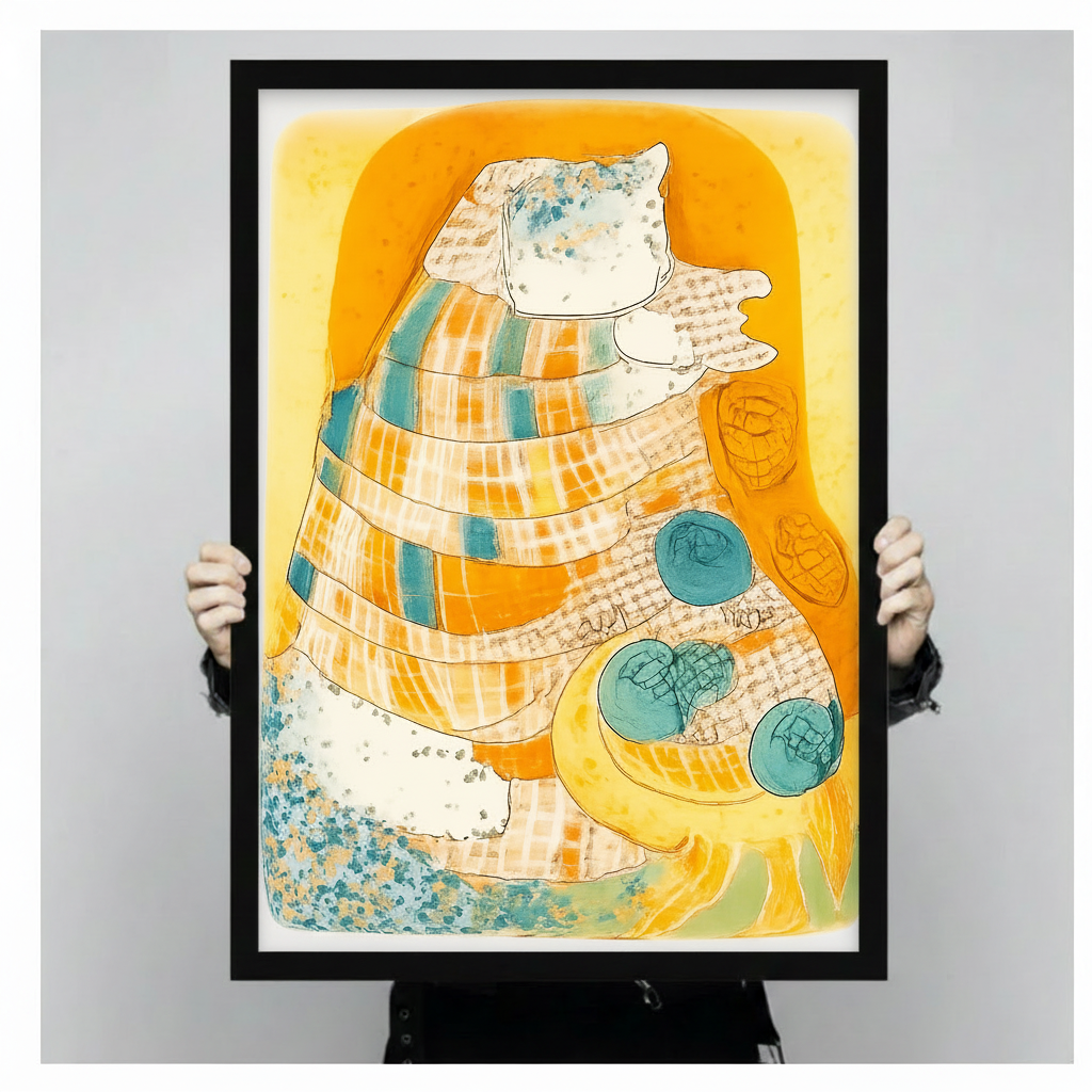 Close-up of black framed abstract seashell wall art print showing vibrant orange background, teal stripe pattern and circular motifs, held by person
