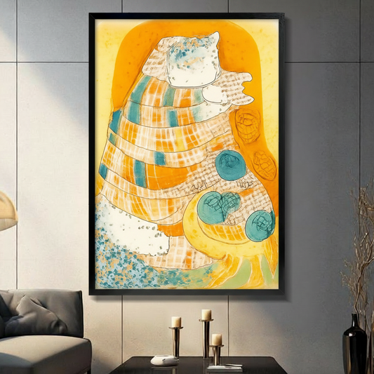 Framed abstract seashell wall art print with vibrant orange background and teal spiral motifs, displayed above console table in modern dark living room