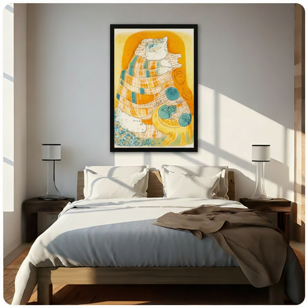 Framed abstract seashell art print with warm orange and teal tones hung above wooden bed in bright sunlit minimalist bedroom