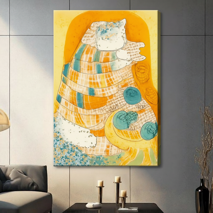Unframed canvas wall art featuring abstract seashell painting in warm yellow-orange tones with teal circular accents, hung in contemporary living room