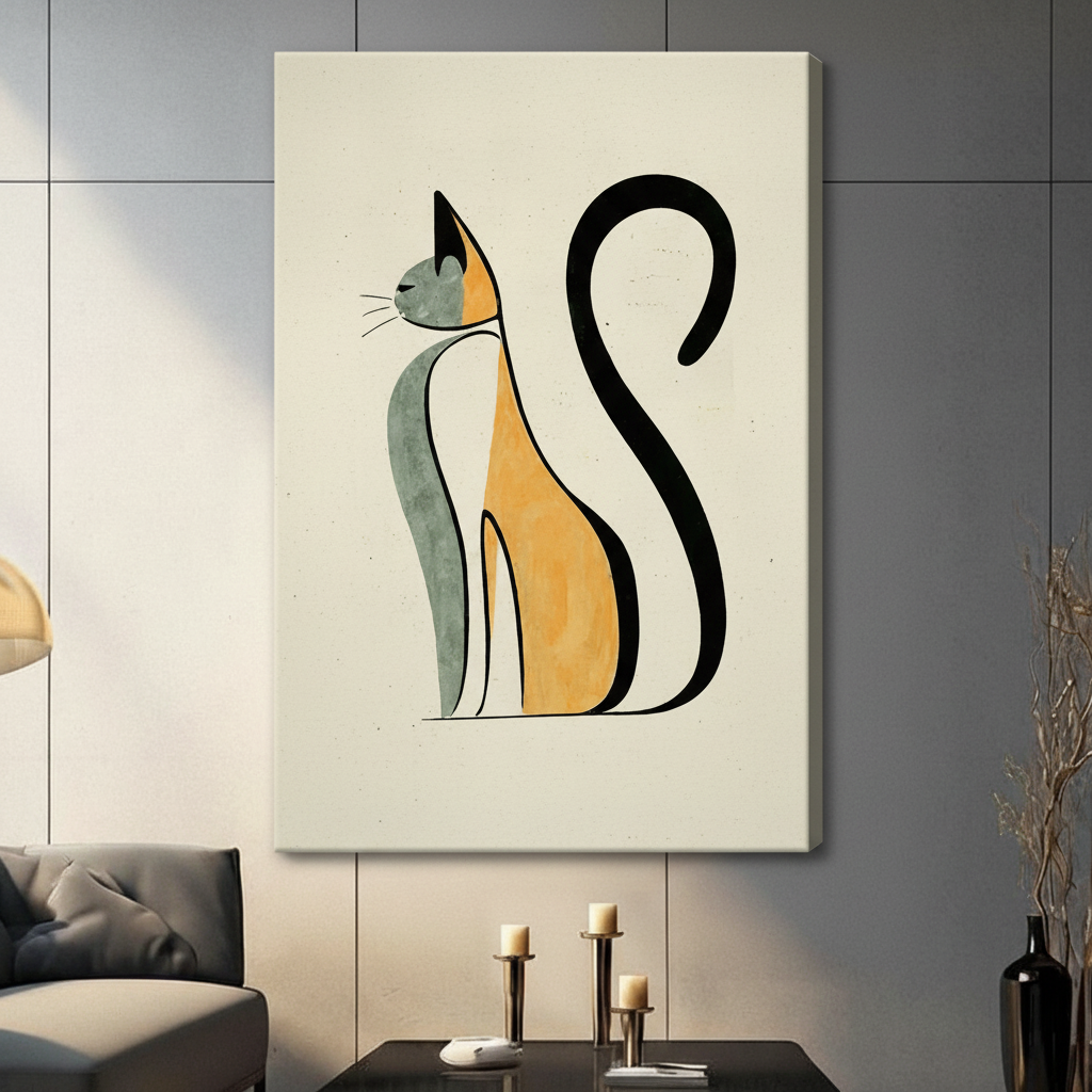 Stretched canvas of abstract sitting cat silhouette in amber and sage green tones — elegant minimalist wall art for contemporary living room decor