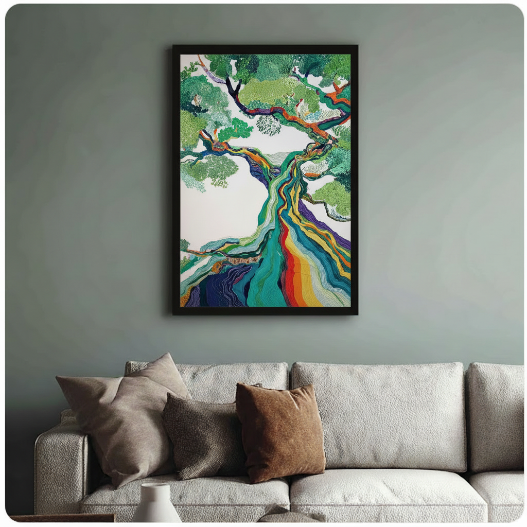 Abstract colorful tree artwork in black frame above beige sofa against sage green wall