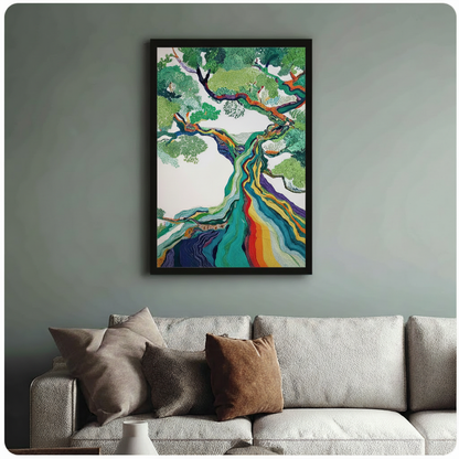 Abstract colorful tree artwork in black frame above beige sofa against sage green wall