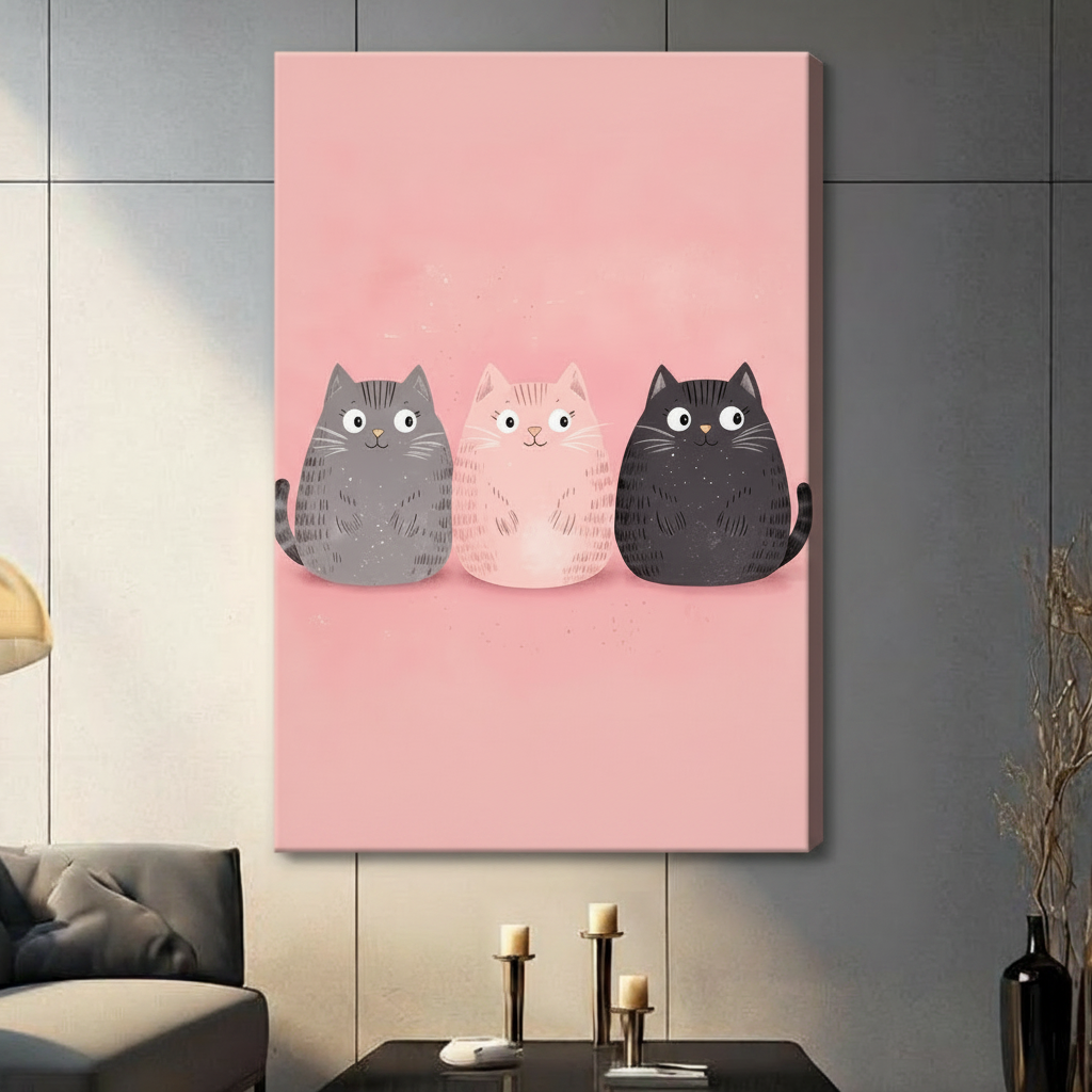 Frameless canvas print of three adorable chubby cats in gray pink and black on blush pink background wall decor