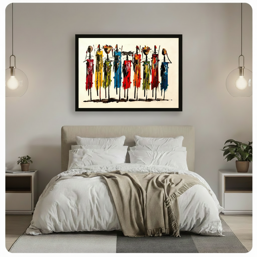 Colorful African tribal figures framed canvas wall art above bed in minimalist white bedroom with pendant lights