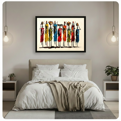 Colorful African tribal figures framed canvas wall art above bed in minimalist white bedroom with pendant lights