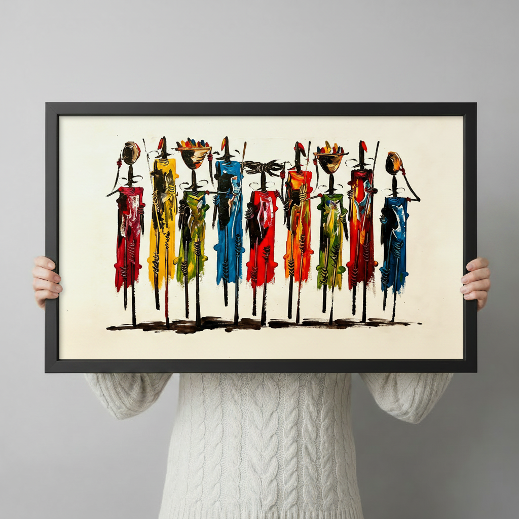 Person holding colorful African tribal figures framed canvas art showing size and frame detail against white background