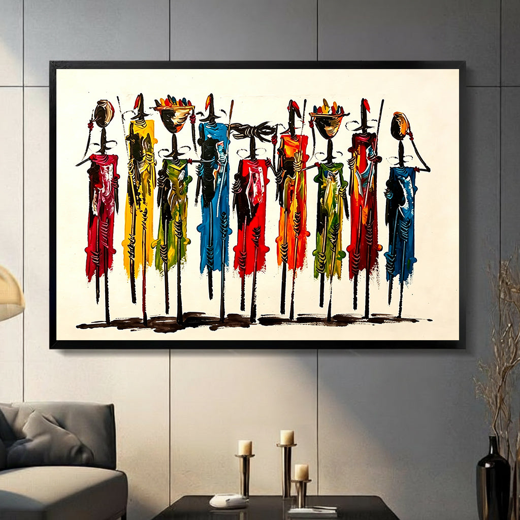 Colorful African tribal figures framed canvas wall art hanging in modern living room above dark wood sideboard