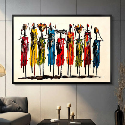 Colorful African tribal figures framed canvas wall art hanging in modern living room above dark wood sideboard