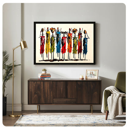 African tribal figures colorful canvas art in black float frame above walnut sideboard in bright modern living room