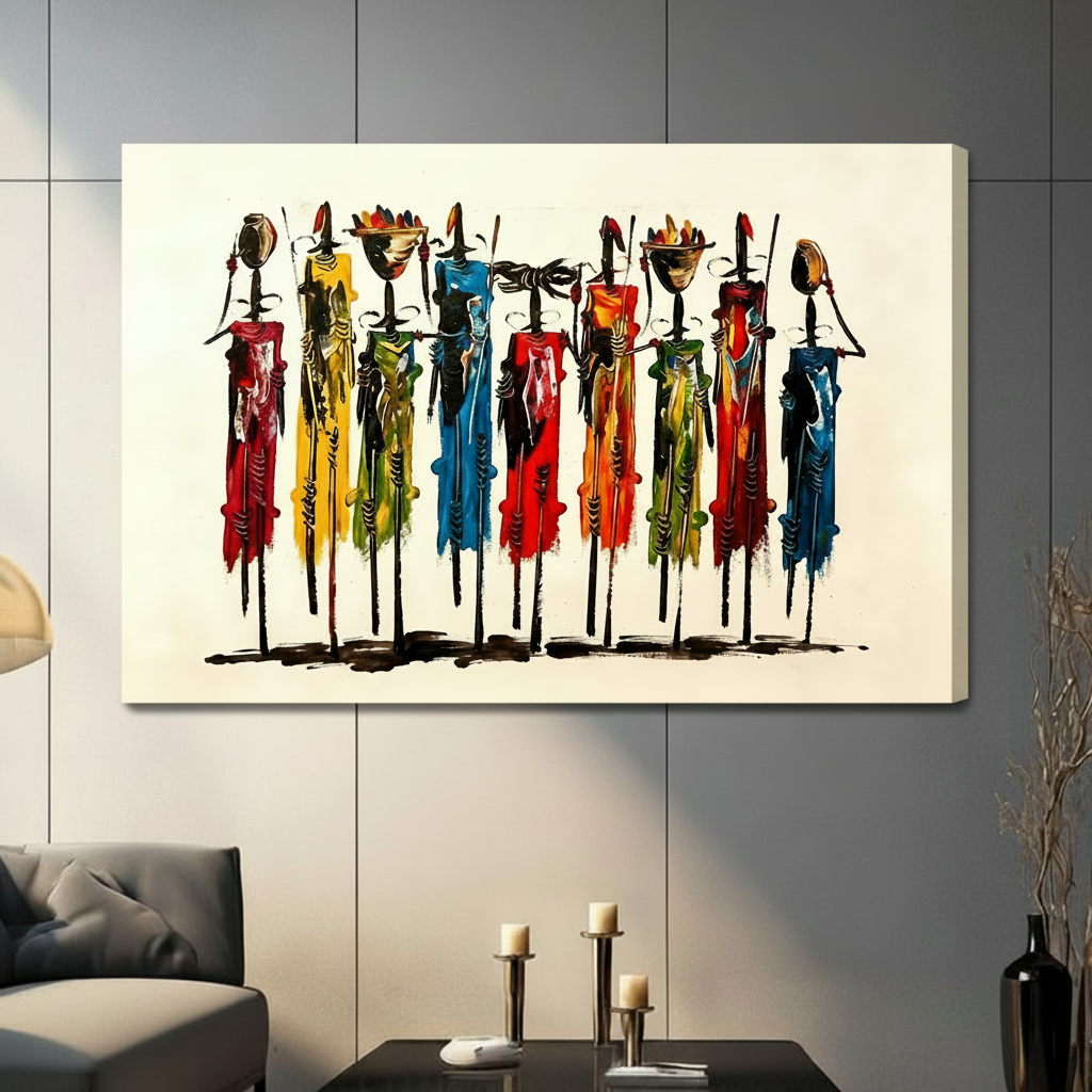 Vibrant African tribal figures stretched canvas wall art displayed in contemporary living room with gray sofa and candles