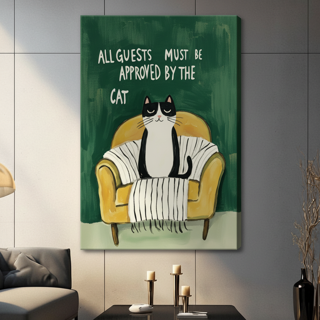 Gallery wrap canvas of grumpy tuxedo cat sitting on yellow chair with humorous cat quote, funny animal wall art for cat lovers