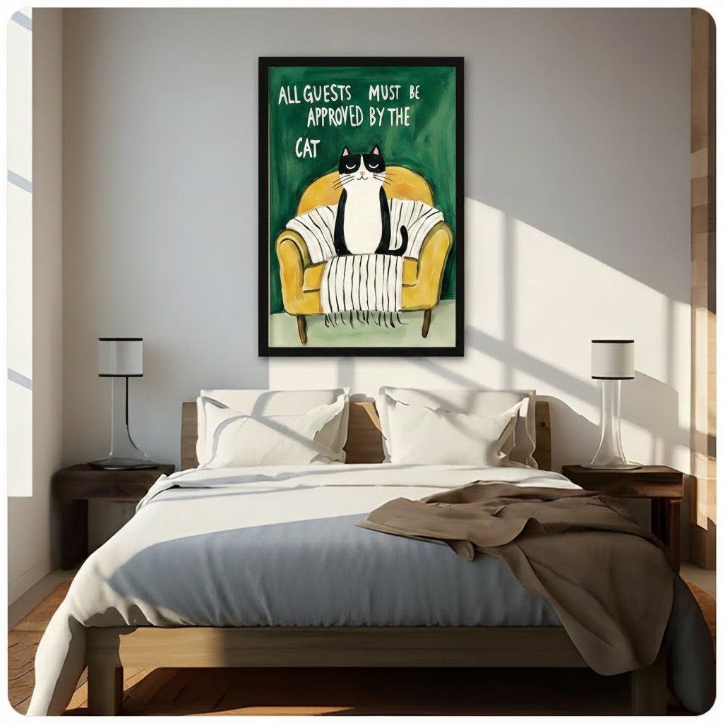 Funny cat quote framed wall art above bed in minimalist bedroom, grumpy tuxedo cat on armchair print, perfect cat lover gift