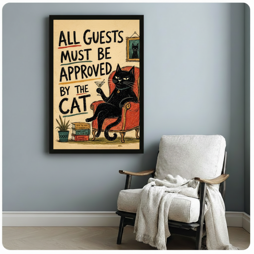 Black framed all guests approved by the cat retro quote print beside linen armchair on blue-grey wall - humorous vintage black cat canvas wall art with hand-lettered text for reading nook or entryway decor