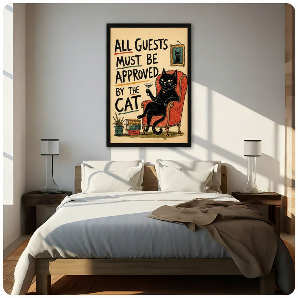 Framed retro black cat quote canvas print above wooden bed in sunlit minimalist bedroom - funny all guests must be approved by the cat vintage wall art with bold hand-lettered typography for bedroom home decor