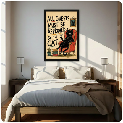 Framed retro black cat quote canvas print above wooden bed in sunlit minimalist bedroom - funny all guests must be approved by the cat vintage wall art with bold hand-lettered typography for bedroom home decor