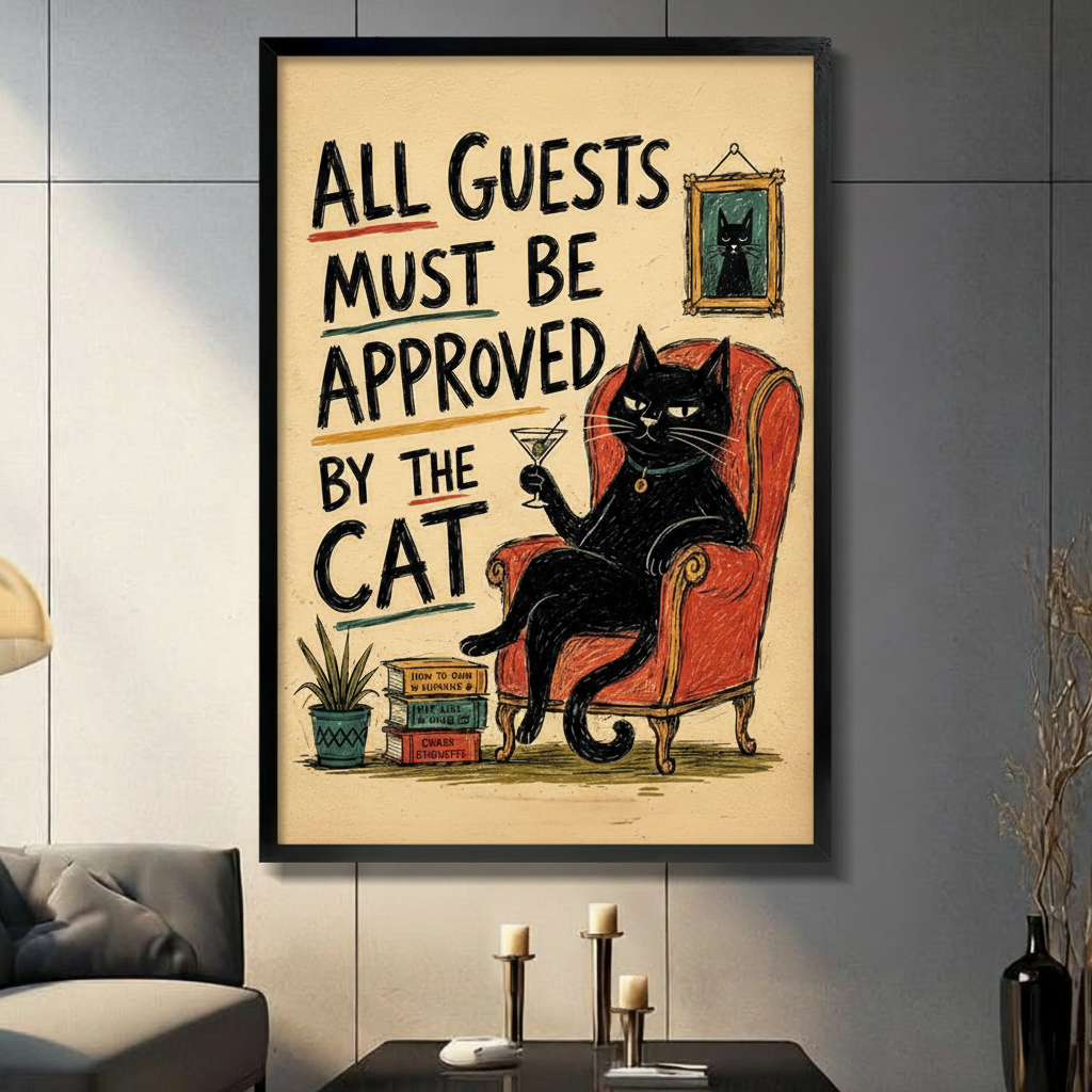 Framed retro black cat quote canvas print reading all guests must be approved by the cat in dark modern living room - funny vintage cat wall art with bold hand-lettered typography for contemporary home decor