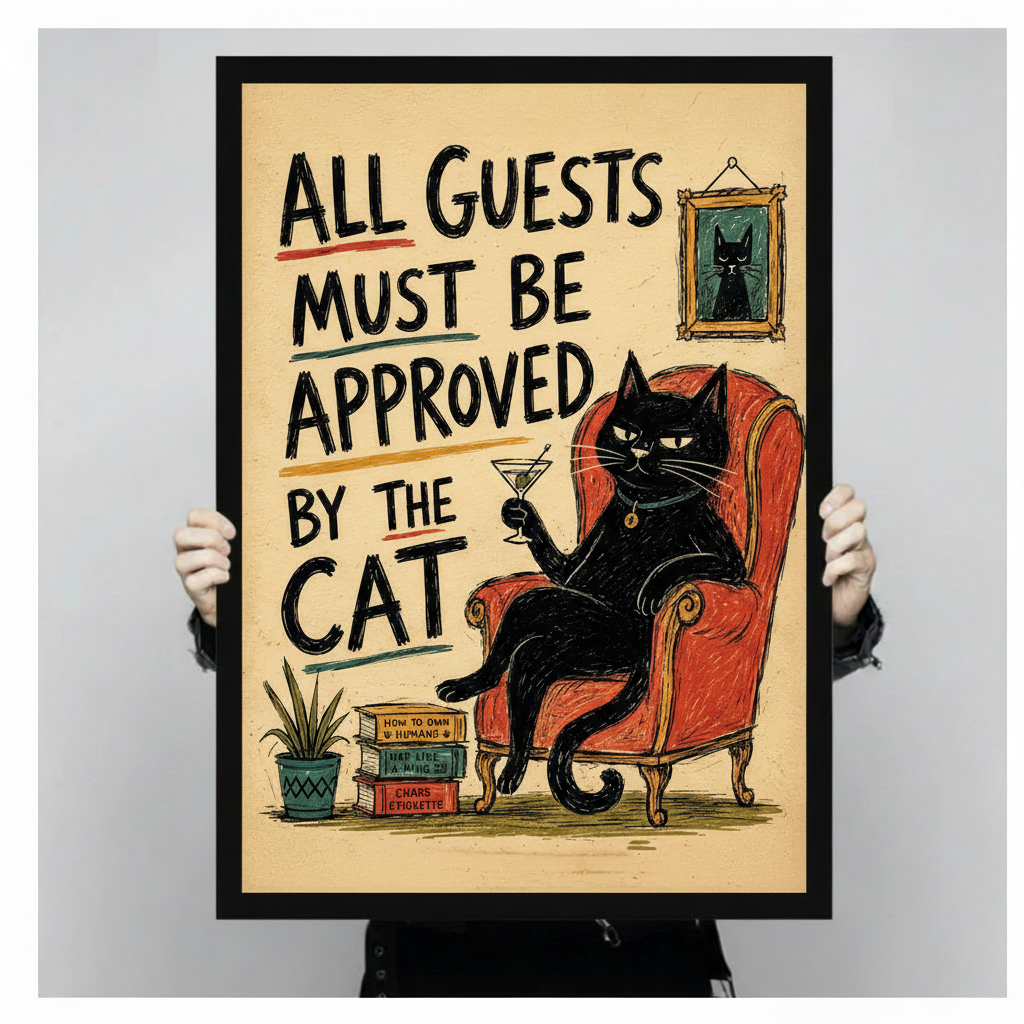 Person holding large framed all guests must be approved by the cat black cat quote canvas print with both hands - close up view of retro funny cat wall art with bold typography and vintage cream background