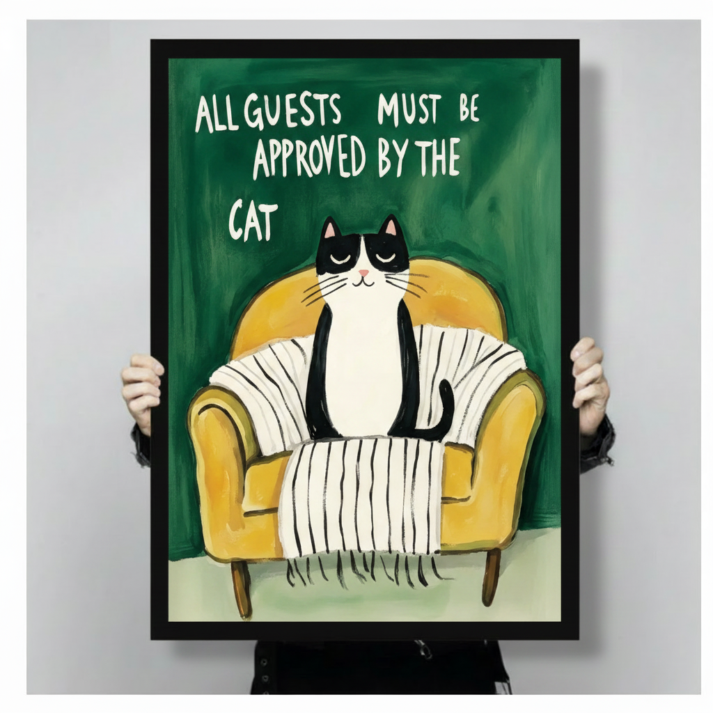 Close-up of black framed all guests must be approved by the cat art print held by hands, showing bold typography and illustrated tuxedo cat