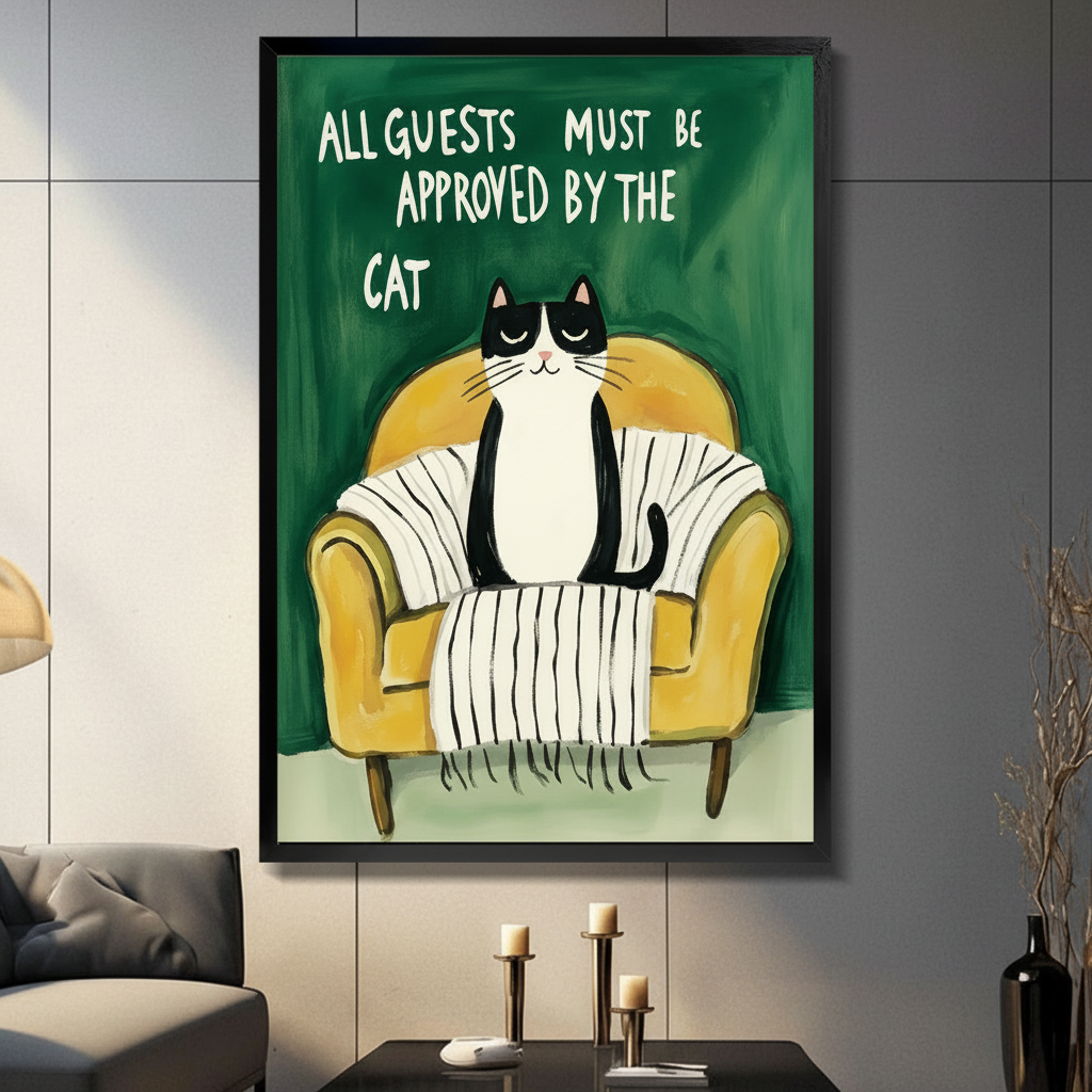 Framed funny cat wall art print with text all guests must be approved by the cat, tuxedo cat on yellow armchair, green background, living room decor