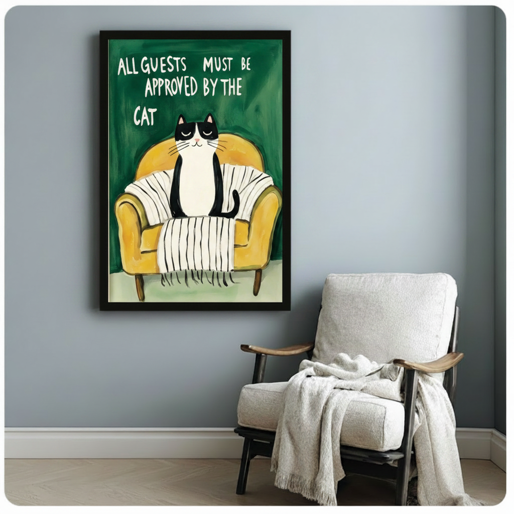 Black framed cat quote art print hung on light gray wall beside armchair, whimsical tuxedo cat illustration for home entryway decor
