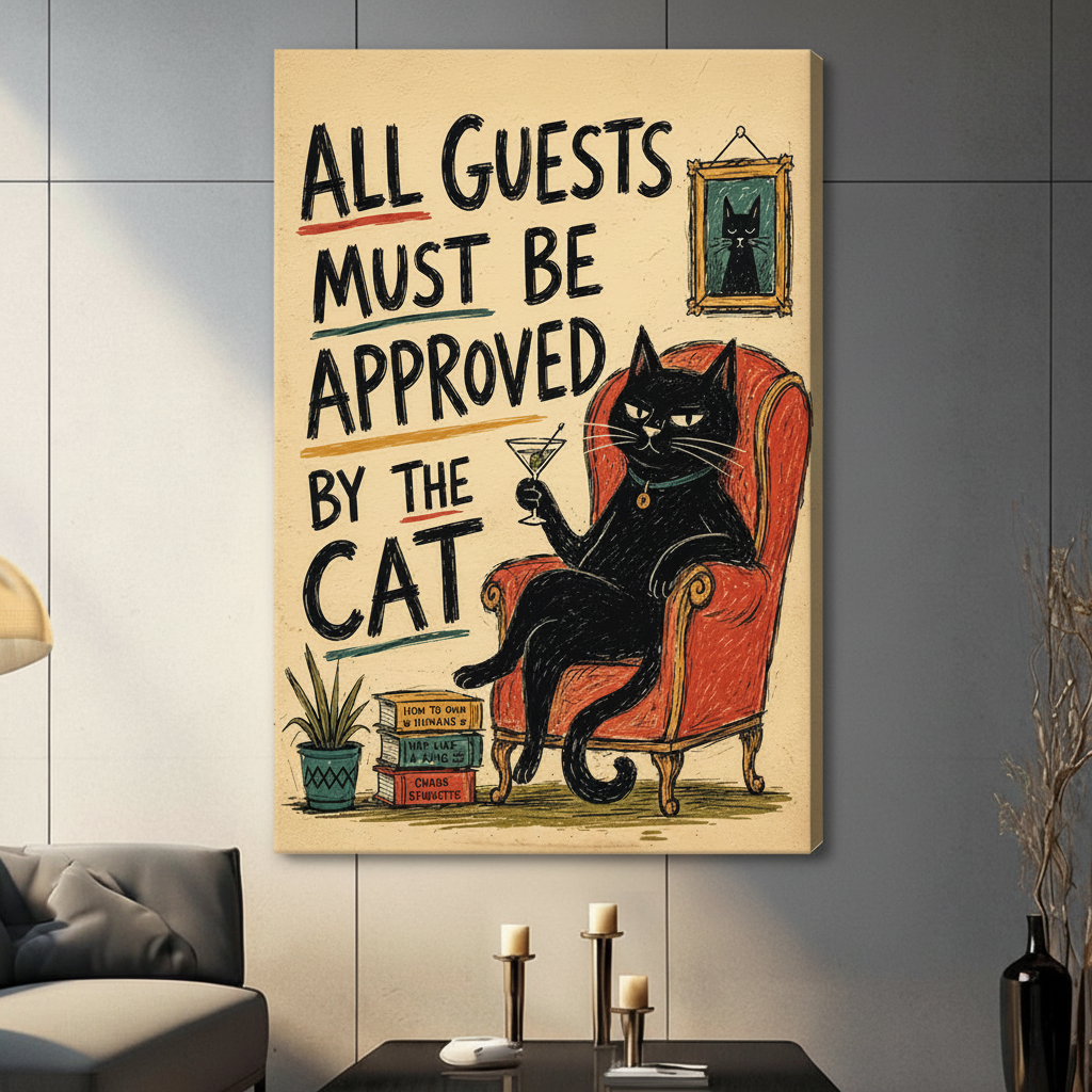 Unframed retro black cat quote canvas print with all guests must be approved by the cat lettering in dark living room - humorous vintage cat illustration wall art with warm cream background for modern interior decor
