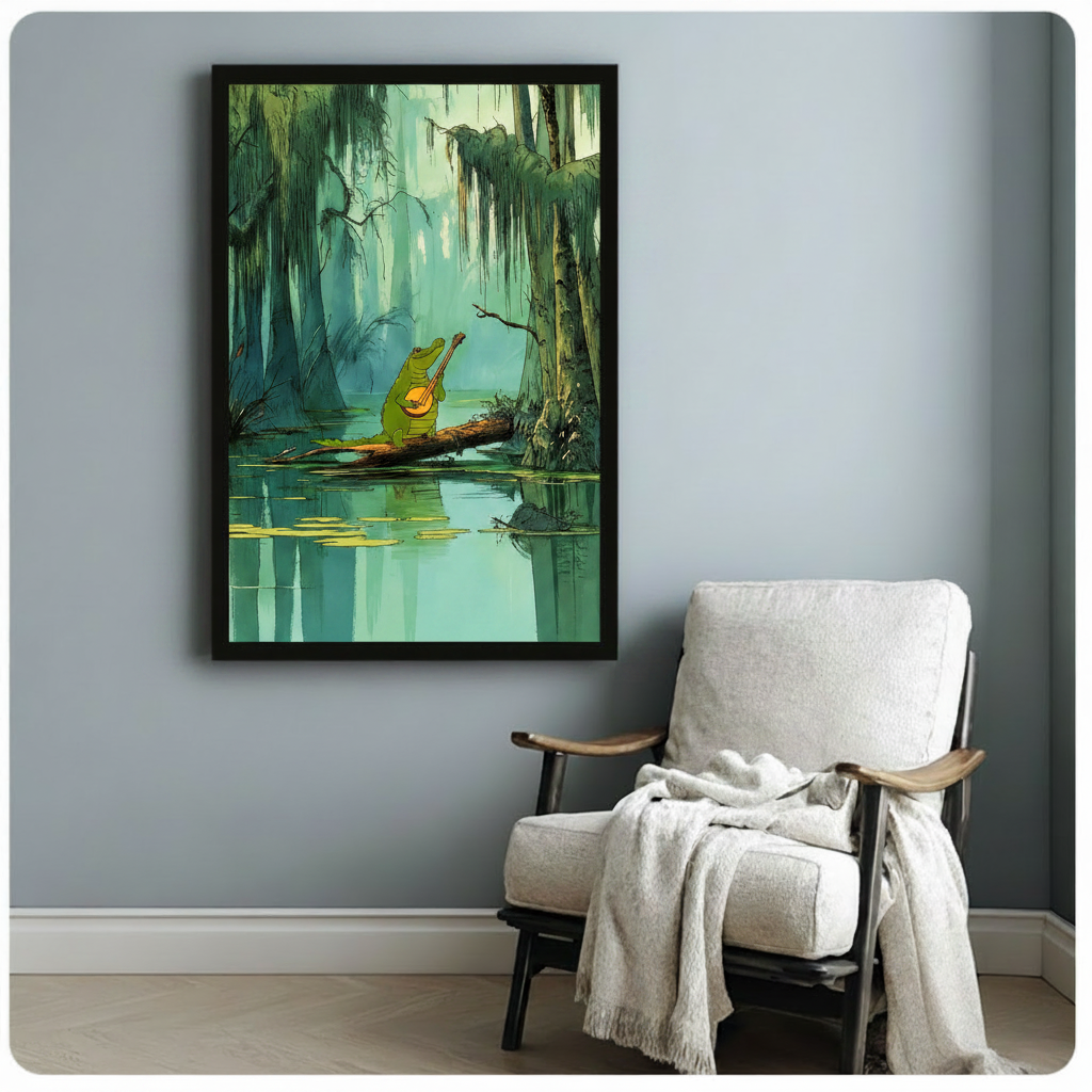 Black framed bayou alligator banjo player illustration poster with misty swamp and hanging moss background hanging on light blue-gray wall beside a cozy linen armchair